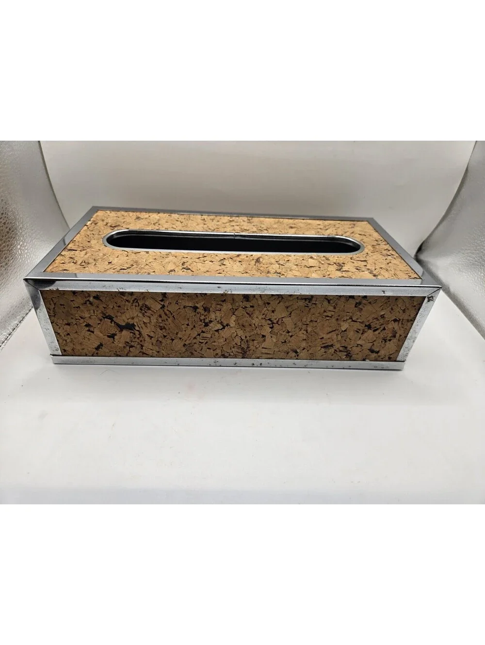 Vintage Mid Century Modern Cork & Chrome Tissue Box Holder Cover Rectangular